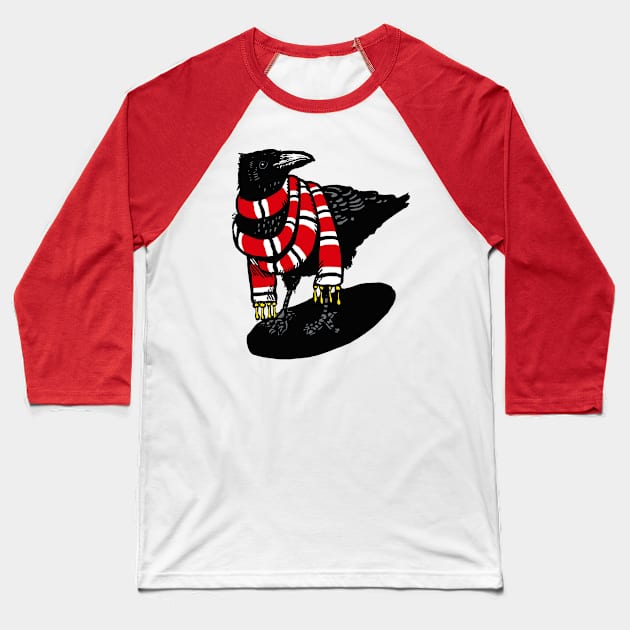 Big Scarfed Red, White and Black Crow Baseball T-Shirt by LiquoriceLino